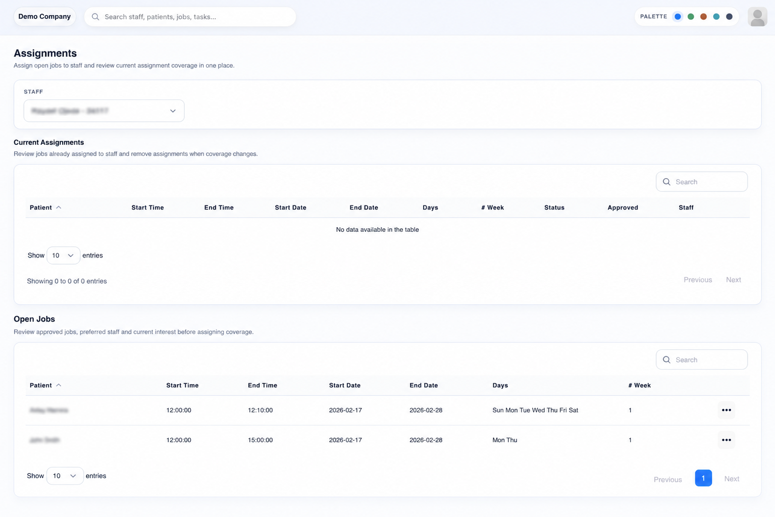Assignments screen
