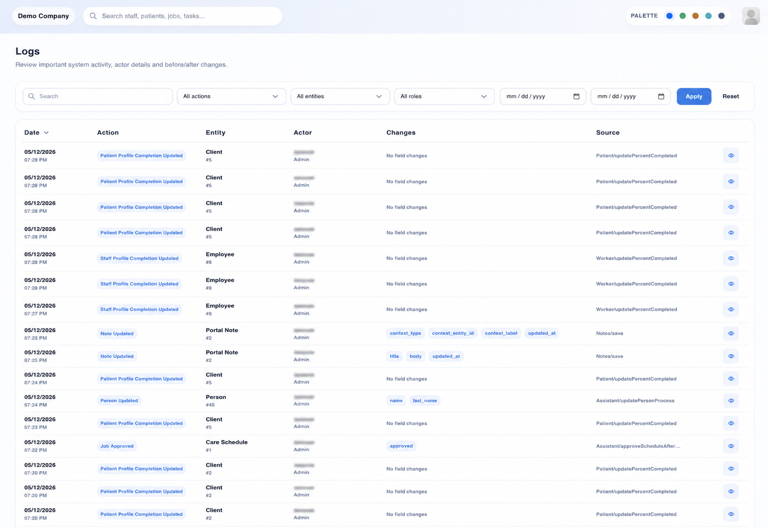 Logs screen