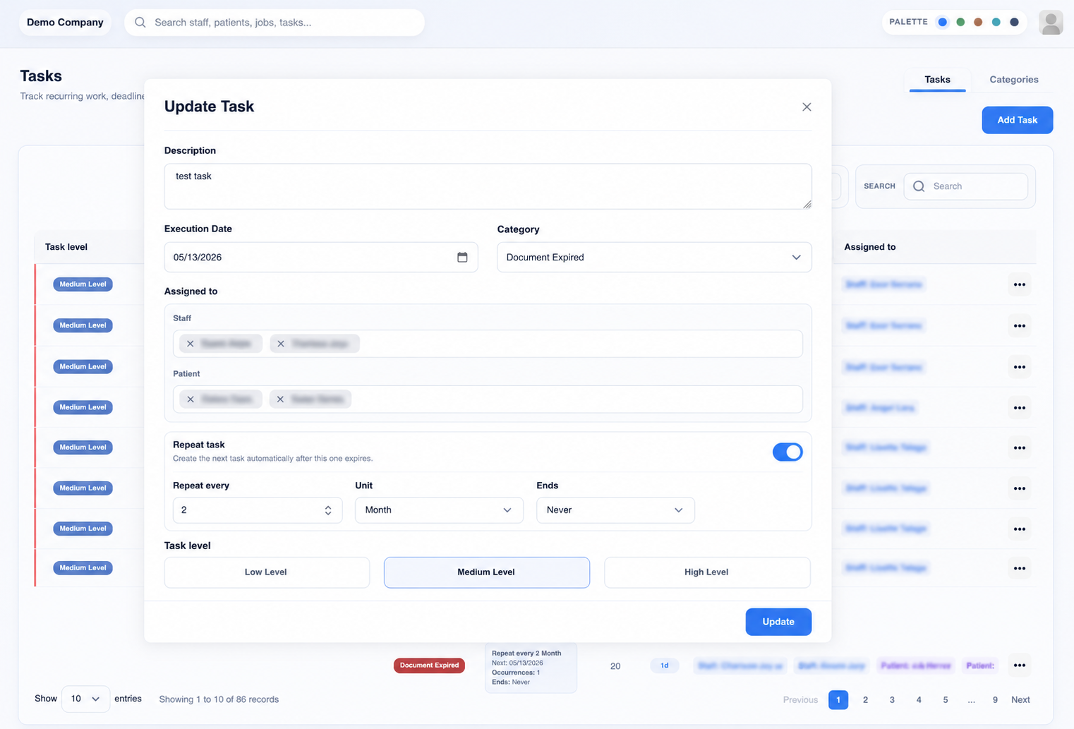 Update task modal screen