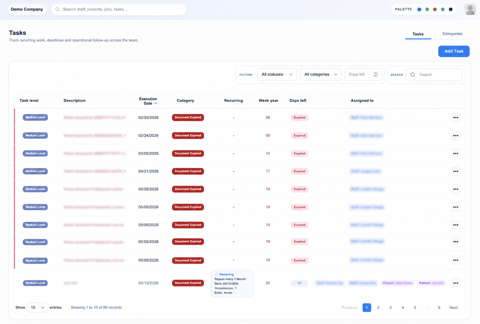 Tasks and reminders screen